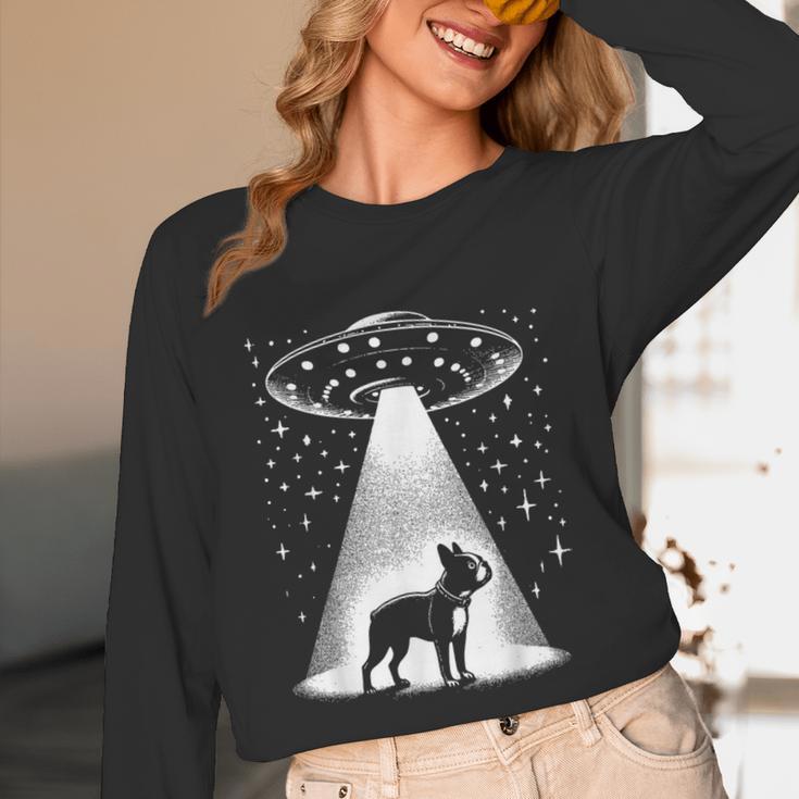 Boston Terrier Mom Dad Dog Alien UFO For Men Women Unisex Long Sleeve T-Shirt, funny design