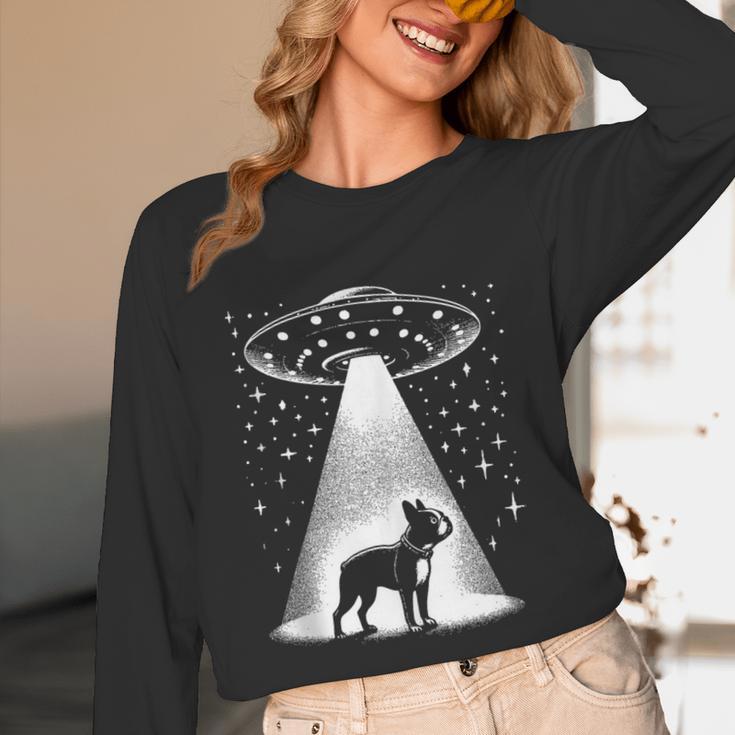 Boston Terrier Mom Dad Dog Alien UFO Unisex Long Sleeve T-Shirt, funny design