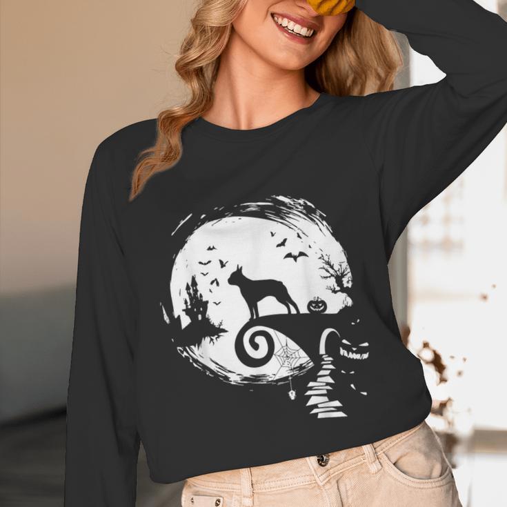 Boston Terrier And Moon Halloween Costume Dog Lover Unisex Long Sleeve T-Shirt, funny design