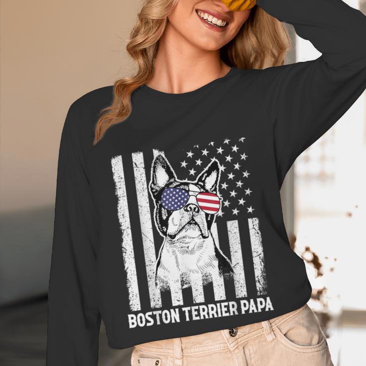 Boston Terrier Papa Cool Dog Lover USA American Flag Men Women Unisex Long Sleeve T-Shirt, funny design