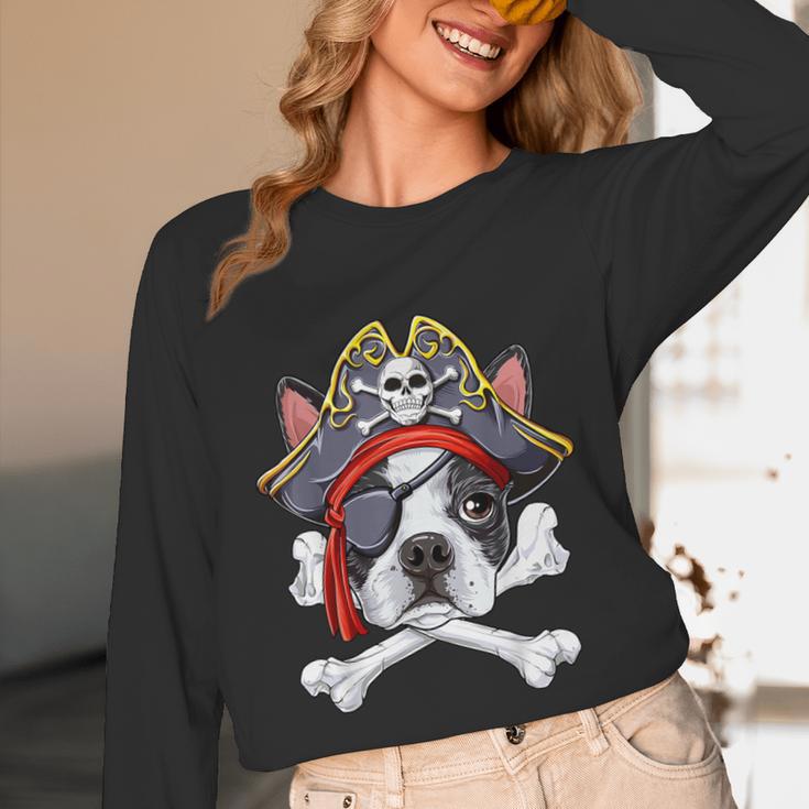 Boston Terrier Pirate T Shirt Jolly Roger Crossbones Skull Unisex Long Sleeve T-Shirt, funny design