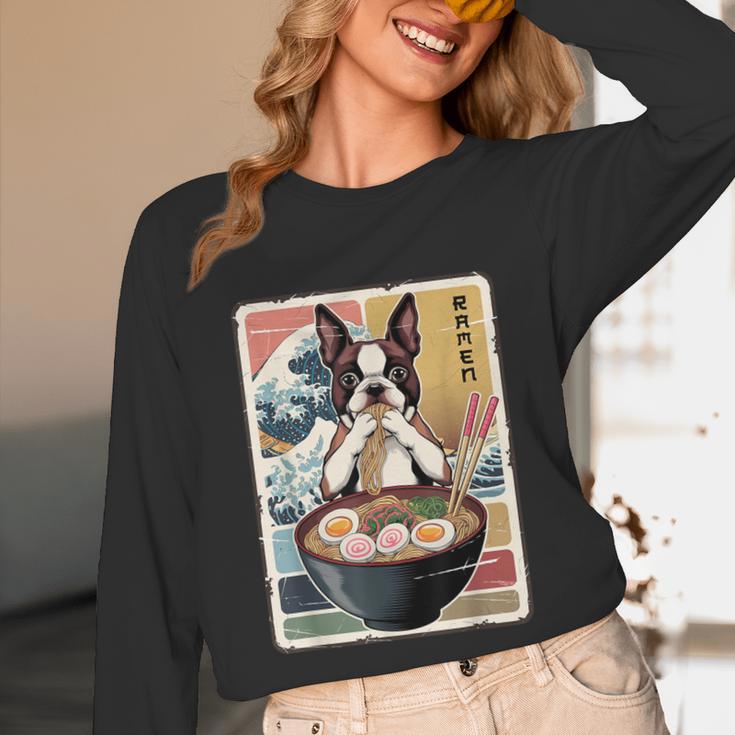 Boston Terrier Ramen Noodles Japanese Art Retro Ocean Waves Unisex Long Sleeve T-Shirt, funny design