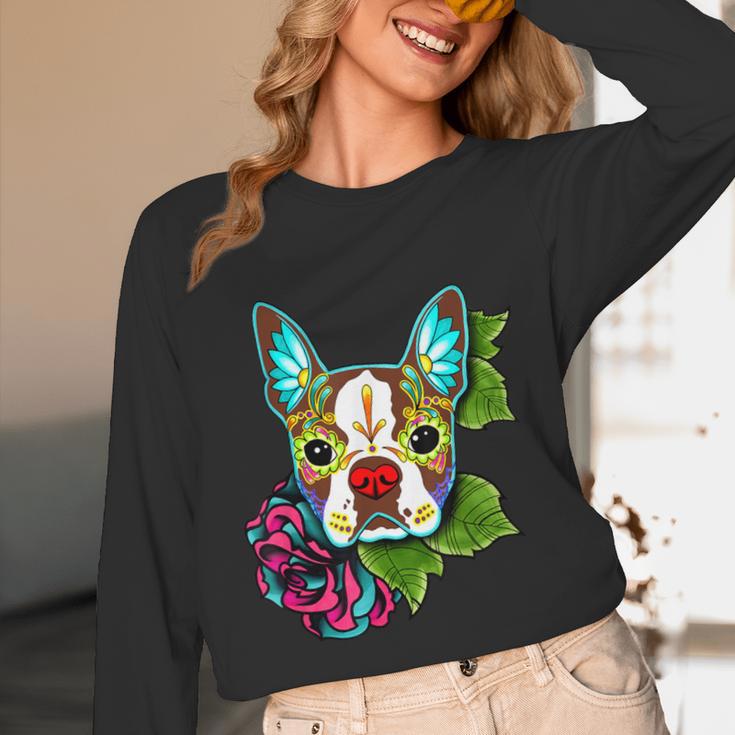 Boston Terrier In Red Day Of The Dead Sugar Skull Dog Unisex Long Sleeve T-Shirt, funny design