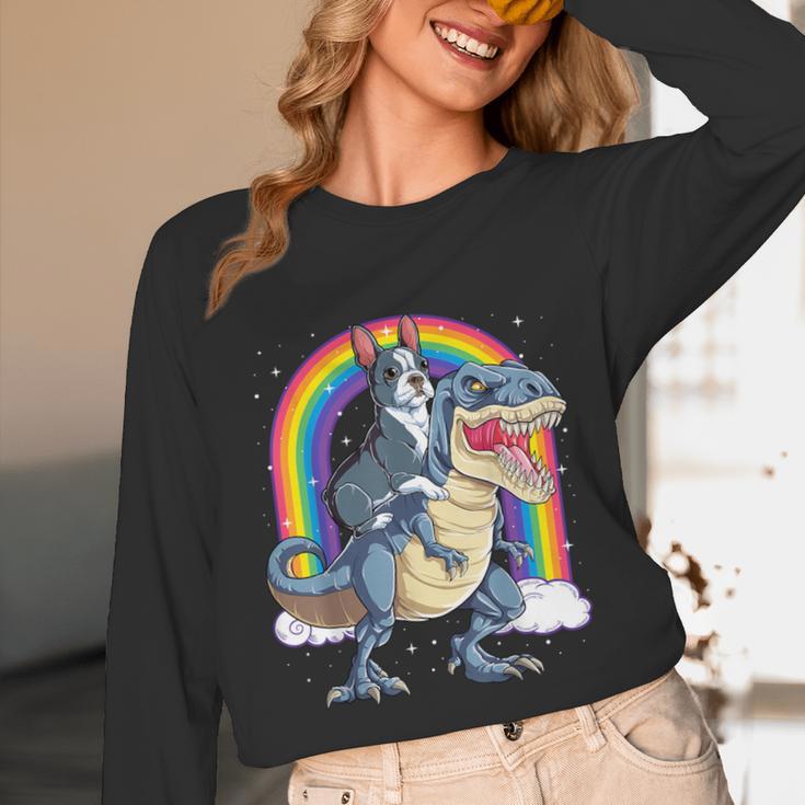 Boston Terrier Riding Dinosaur T-Rex Boys Kids Rainbow Unisex Long Sleeve T-Shirt, funny design