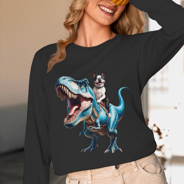 Boston Terrier Riding T-Rex Dinosaur Dog Lover Unisex Long Sleeve T-Shirt, funny design