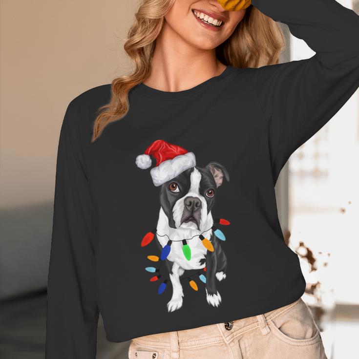 Boston Terrier Santa Christmas Lights Xmas Dog Lover Men Women Kids Unisex Long Sleeve T-Shirt, funny design