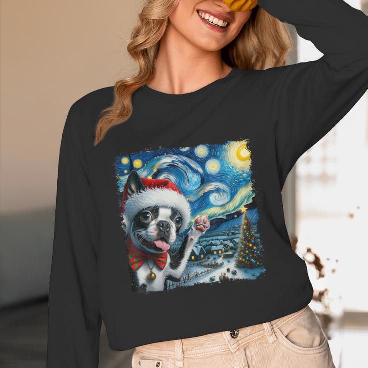 Boston Terrier Santa Starry Night Van Gogh Christmas Dog Men Women Kids Unisex Long Sleeve T-Shirt, funny design