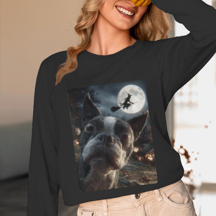 Boston Terrier Selfie Full Moon Flying Witch Halloween Dog Unisex Long Sleeve T-Shirt, funny design