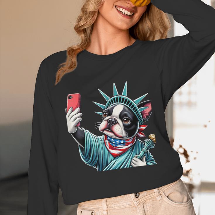 Boston Terrier Selfie Statue Of Liberty 4th Of July American Unisex Long Sleeve T-Shirt, funny design