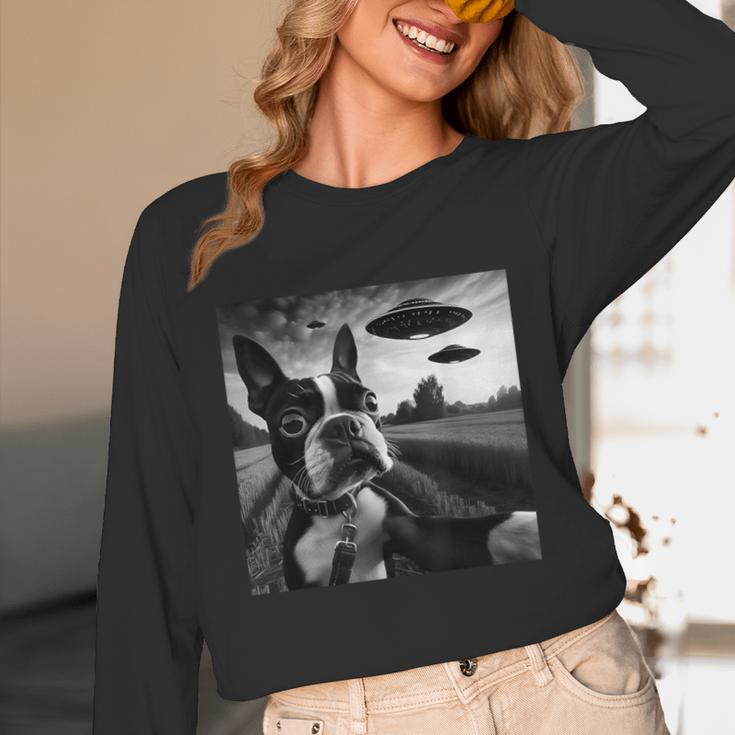 Boston Terrier Graphic Selfie With UFOs Weird Aliens Unisex Long Sleeve T-Shirt, funny design