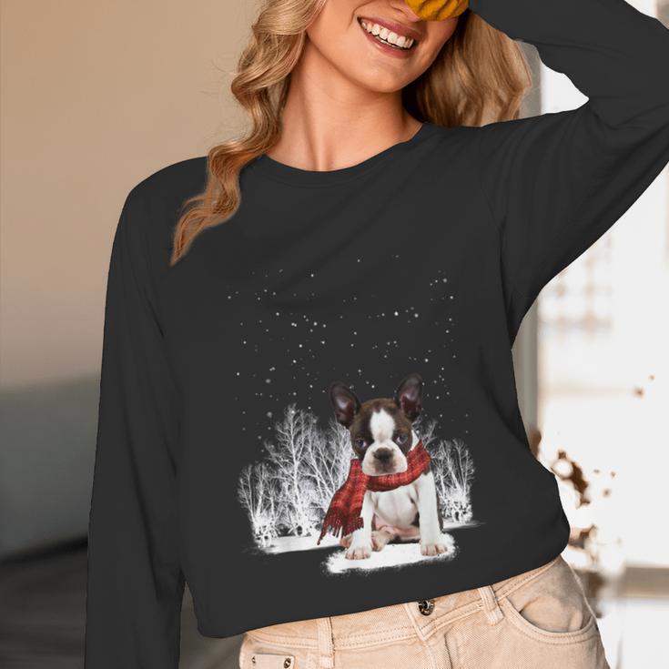 Boston Terrier In The Snow Merry Christmas Winter Unisex Long Sleeve T-Shirt, funny design