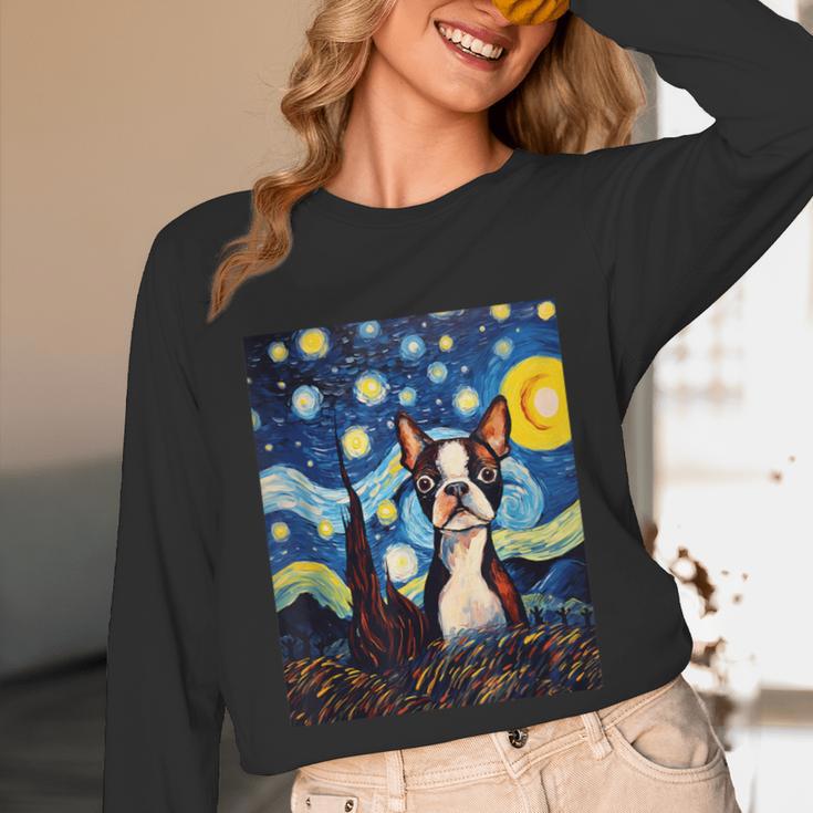 Boston Terrier Starry Night Van Gogh Art Unisex Long Sleeve T-Shirt, funny design