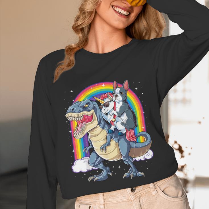 Boston Terrier Unicorn Riding Dinosaur T-Rex Girls Rainbow Unisex Long Sleeve T-Shirt, funny design