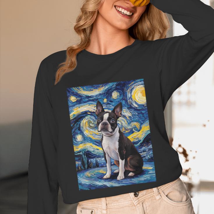 Boston Terrier Van Gogh Starry Night Unisex Long Sleeve T-Shirt, funny design