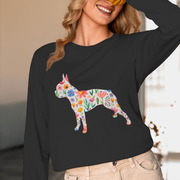 Boston Terrier Watercolor Flowers Unisex Long Sleeve T-Shirt, funny design