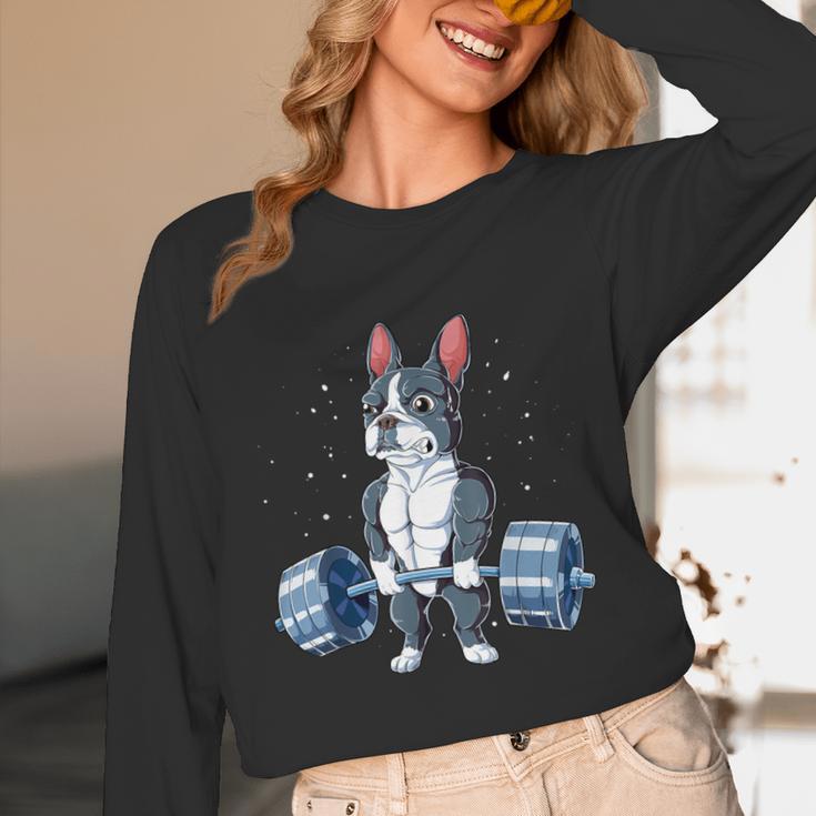 Boston Terrier Weightlifting Deadlift Men Fitness Gym Unisex Long Sleeve T-Shirt, funny design