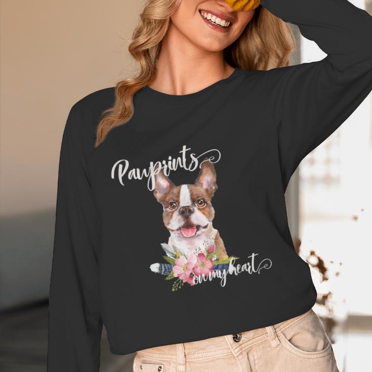 Brown Boston Terrier With Flowers And Feathers Unisex Long Sleeve T-Shirt, funny design