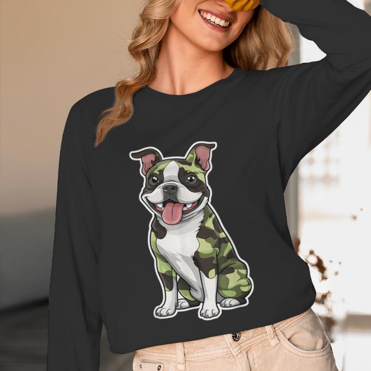 Camo Boston Terrier Pet Owner Camouflage Dog Lover Unisex Long Sleeve T-Shirt, funny design