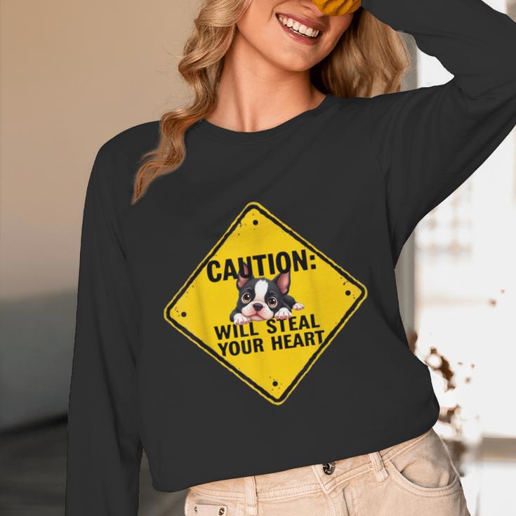 Caution Sign Boston Terrier Dog Bostie Puppy Unisex Long Sleeve T-Shirt, funny design