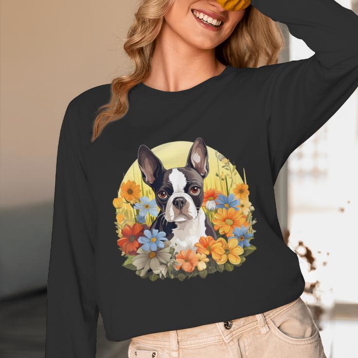 Cute Boston Terrier Spring Flower Garden Colorful Puppy Dog Unisex Long Sleeve T-Shirt, funny design