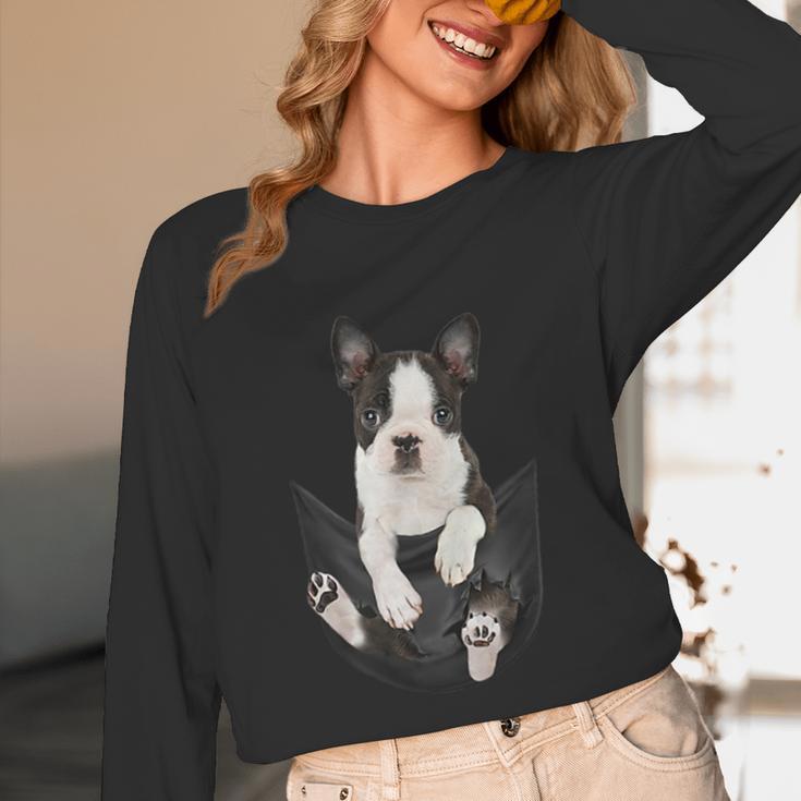 Dog Lovers Boston Terrier In Pocket Dog Face For Men Women Kids Unisex Long Sleeve T-Shirt, funny design