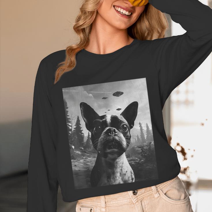 Dog Mom Dad Alien Selfie Boston Terrier UFO For Men Women Unisex Long Sleeve T-Shirt, funny design
