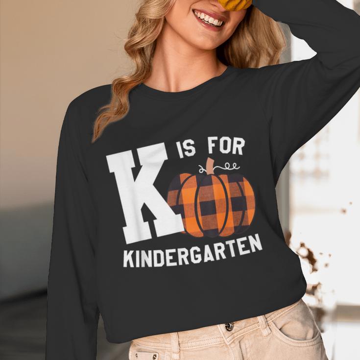 Fall Kindergarten Teacher K Is For Buffalo Plaid Pumpkin Unisex Long Sleeve T-Shirt, funny design