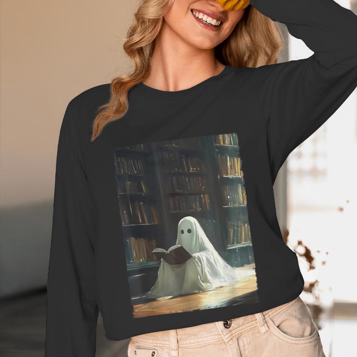 Ghost Library Halloween Book Reading Books Lover Teacher Unisex Long Sleeve T-Shirt, funny design