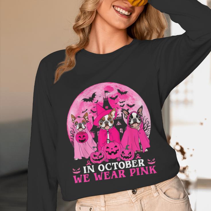 Ghost And Witch Boston Terrier Dog In October We Wear Pink Unisex Long Sleeve T-Shirt, funny design