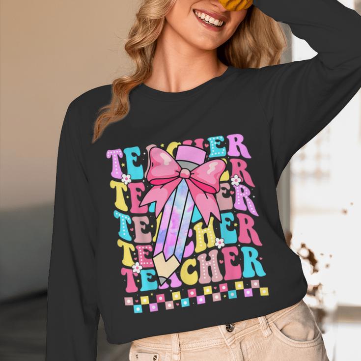 Groovy Teacher Cute Coquette Bow Flower Retro Back To School Unisex Long Sleeve T-Shirt, funny design