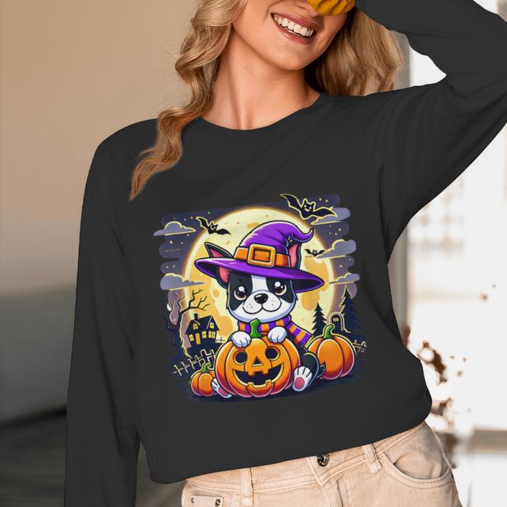 Halloween Boston Terrier Dog Breed With Jack O' Lantern Art Unisex Long Sleeve T-Shirt, funny design