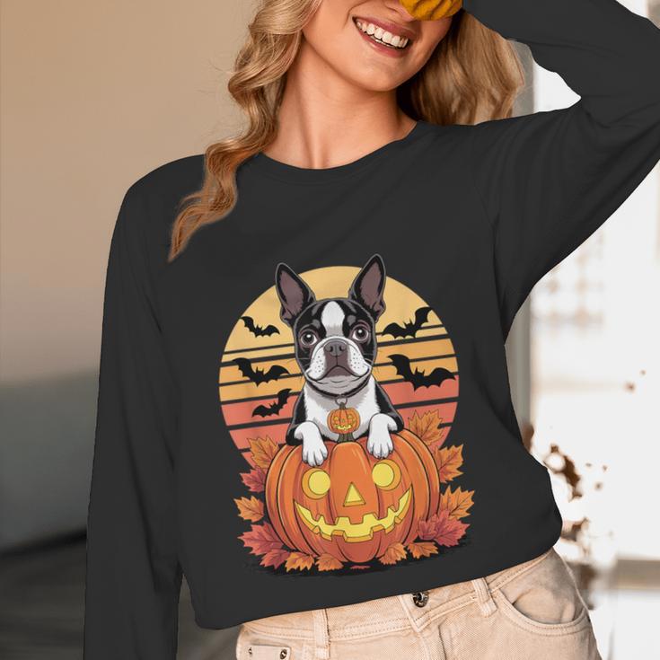 Halloween Retro Boston Terrier Unisex Long Sleeve T-Shirt, funny design