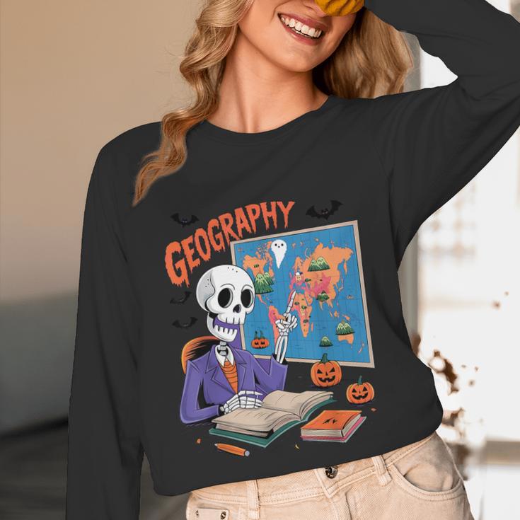 Halloween Skeleton Geography Teacher Pumpkin Bats Classroom Unisex Long Sleeve T-Shirt, funny design Halloween Skeleton Geography Teacher Pumpkin Bats Classroom Unisex Long Sleeve T-Shirt, funny design