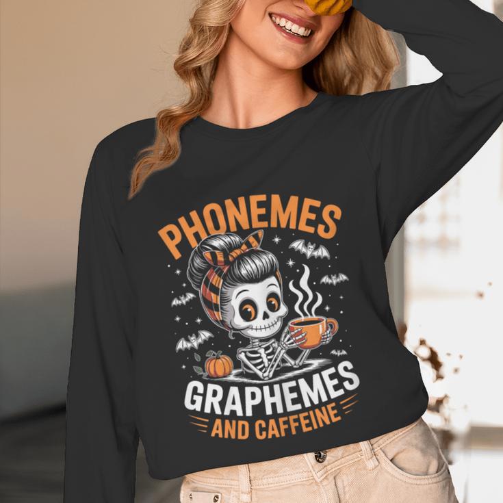 Halloween Skeleton Teacher Phonemes Graphemes Caffeine Lover Unisex Long Sleeve T-Shirt, funny design Halloween Skeleton Teacher Phonemes Graphemes Caffeine Lover Unisex Long Sleeve T-Shirt, funny design