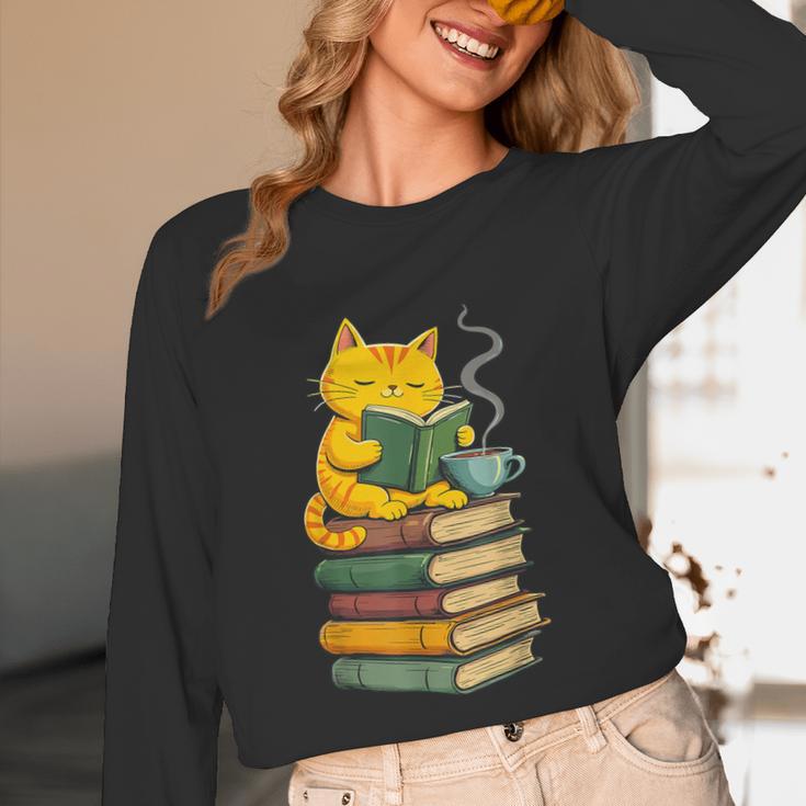 Kawaii Cats Lover Coffee Books Teacher Librarian Cat Unisex Long Sleeve T-Shirt, funny design