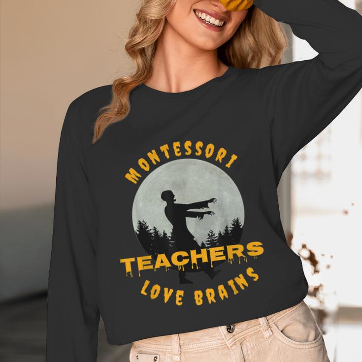 Montessori Teachers Love Brains Halloween Novelty Men Women Unisex Long Sleeve T-Shirt, funny design