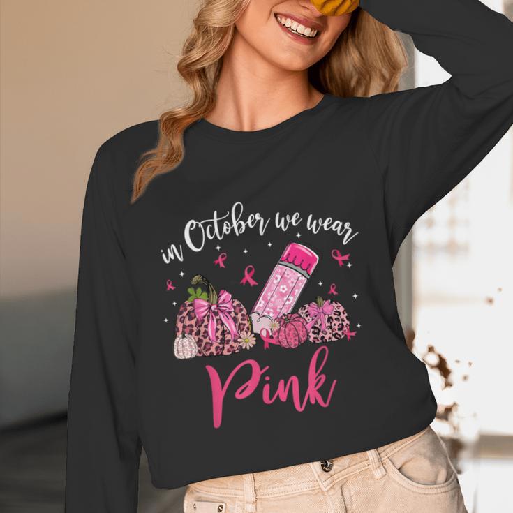In October We Wear Pink Apple Teacher Daisy Breast Cancer Unisex Long Sleeve T-Shirt, funny design In October We Wear Pink Apple Teacher Daisy Breast Cancer Unisex Long Sleeve T-Shirt, funny design