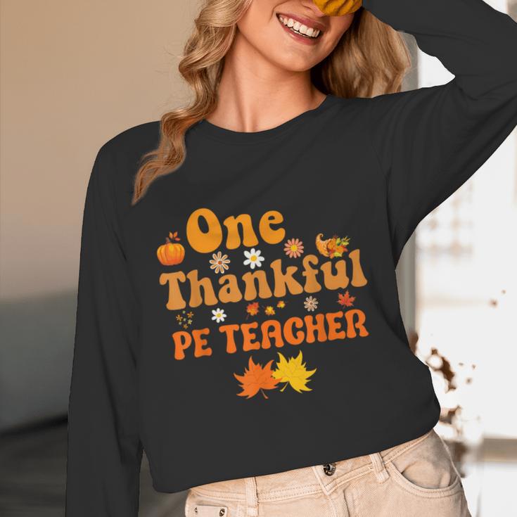One Thankful PE Teacher Thanksgiving Fall Autumn Groovy Unisex Long Sleeve T-Shirt, funny design