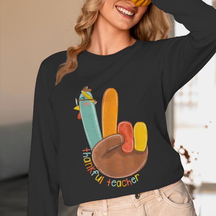 One Thankful Teacher Thanksgiving Turkey Peace Hand Sign Unisex Long Sleeve T-Shirt, funny design
