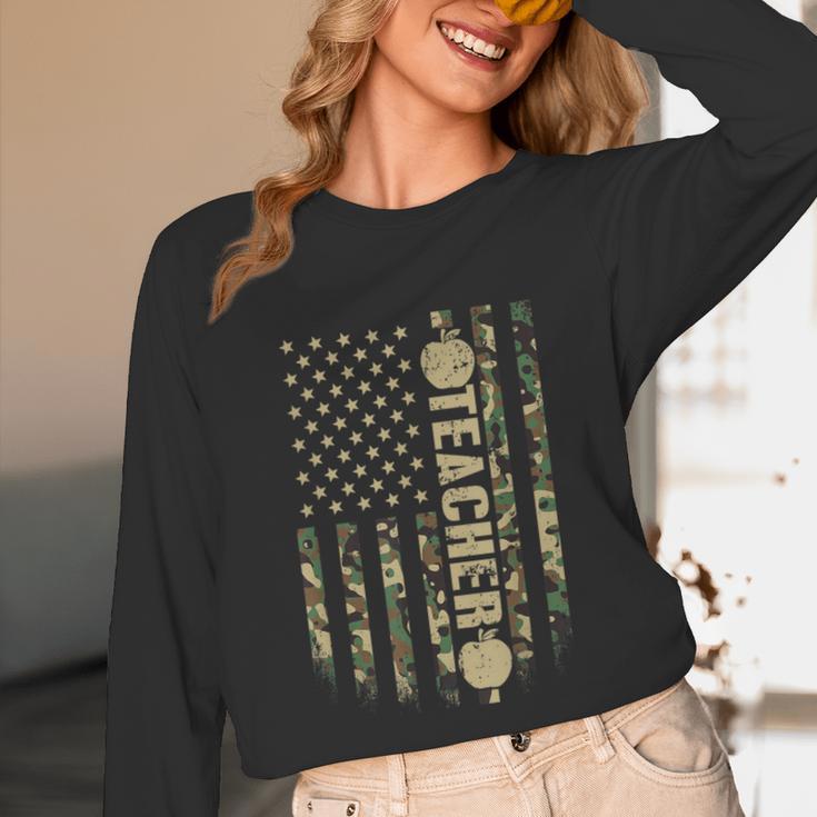 Patriotic Teacher American Flag Camouflage 4th Of July Camo Unisex Long Sleeve T-Shirt, funny design