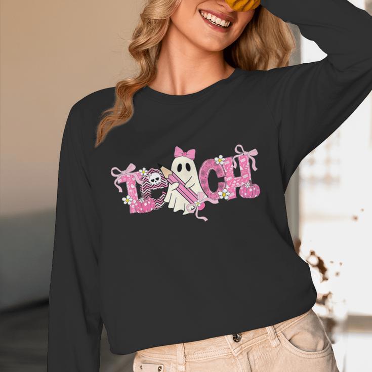 Pink Ghost Teach Halloween Teacher In Spooky Season Unisex Long Sleeve T-Shirt, funny design