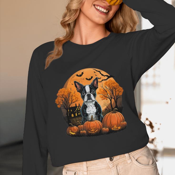 Pumpkin Boston Terrier Costume On Boston Terrier Halloween Unisex Long Sleeve T-Shirt, funny design