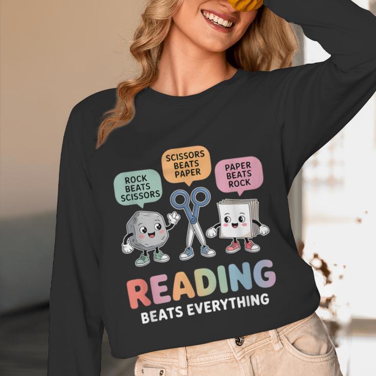 Reading Beats Everything Teacher Rock Paper Scissors Unisex Long Sleeve T-Shirt, funny design Reading Beats Everything Teacher Rock Paper Scissors Unisex Long Sleeve T-Shirt, funny design