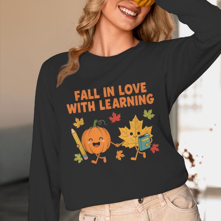 Retro Fall In Love With Learning Autumn Pumpkin Teacher Unisex Long Sleeve T-Shirt, funny design