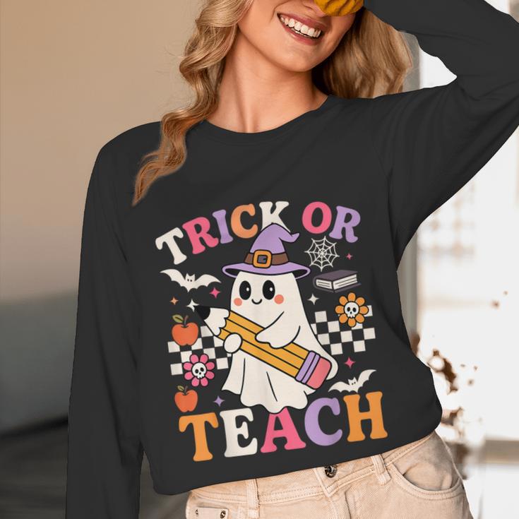 Retro Floral Ghost Trick Or Teach Groovy Teacher Halloween Unisex Long Sleeve T-Shirt, funny design Retro Floral Ghost Trick Or Teach Groovy Teacher Halloween Unisex Long Sleeve T-Shirt, funny design