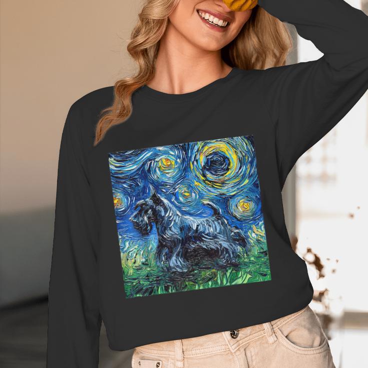 Scottish Terrier Starry Night Scotty Dog Art By Aja Unisex Long Sleeve T-Shirt, funny design