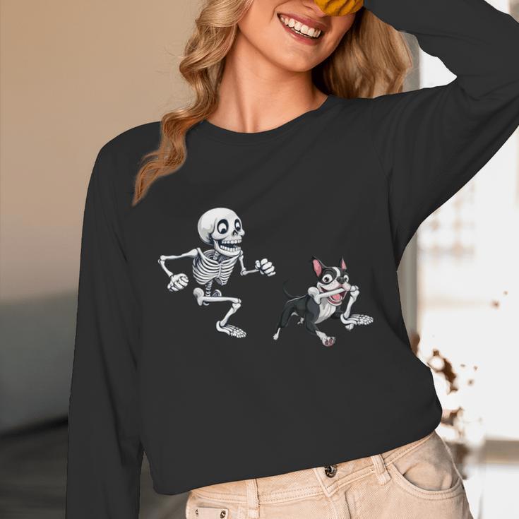 Skeleton Chasing Dog Boston Terrier Halloween Pet Lover Unisex Long Sleeve T-Shirt, funny design