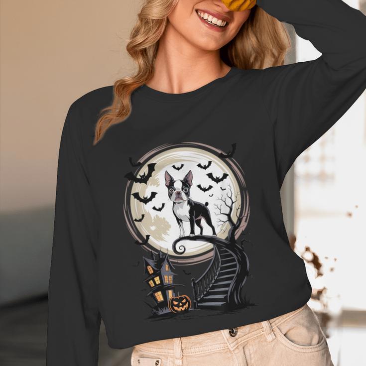 Spooky Halloween Moon Boston Terrier Boston Bull Bostie Unisex Long Sleeve T-Shirt, funny design