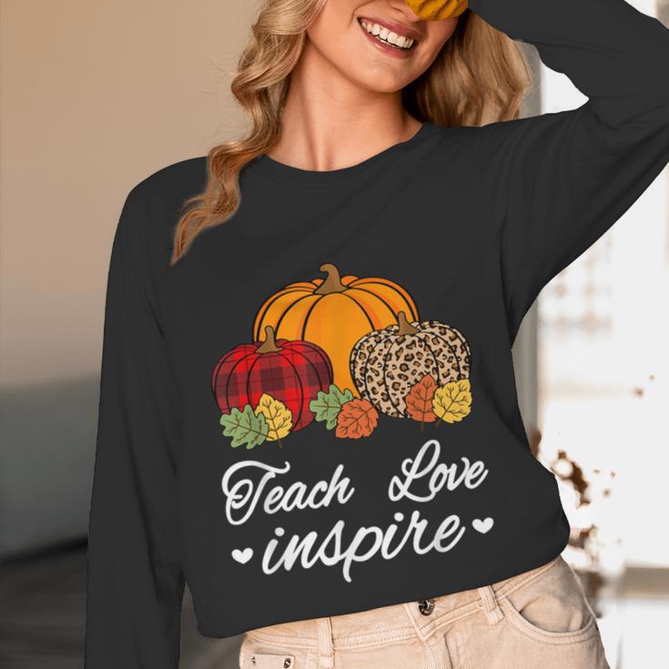 Teach Love Inspire Autumn Fall Plaid Leopard Pumpkin Teacher For Men Women Kids Unisex Long Sleeve T-Shirt, funny design