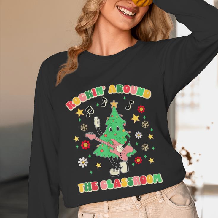 Teacher Christmas Shirts Pajama Matching Rockin' Around The Classroom -Adult Short Sleeve Small Modern Festive Christmas Teacher Xmas Vibes T-Shirt Unisex Long Sleeve T-Shirt, funny design